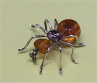 925 Silver and Amber Spider Pendant