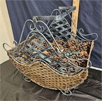 large wicker basker with pine cones