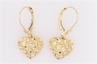 14 Kt Diamond Cut Heart Dangle Earrings