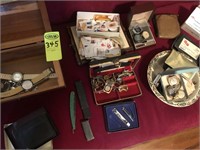 Box  of Watches, Costume Jewelry, Old Stamps