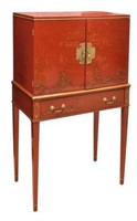 CHINOISERIE RED LACQUERED CHEST ON STAND