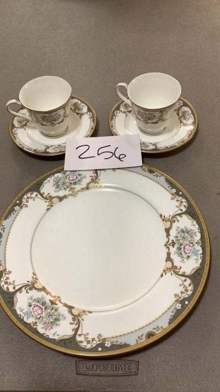Mikasa bone china plate, two teacups with saucers