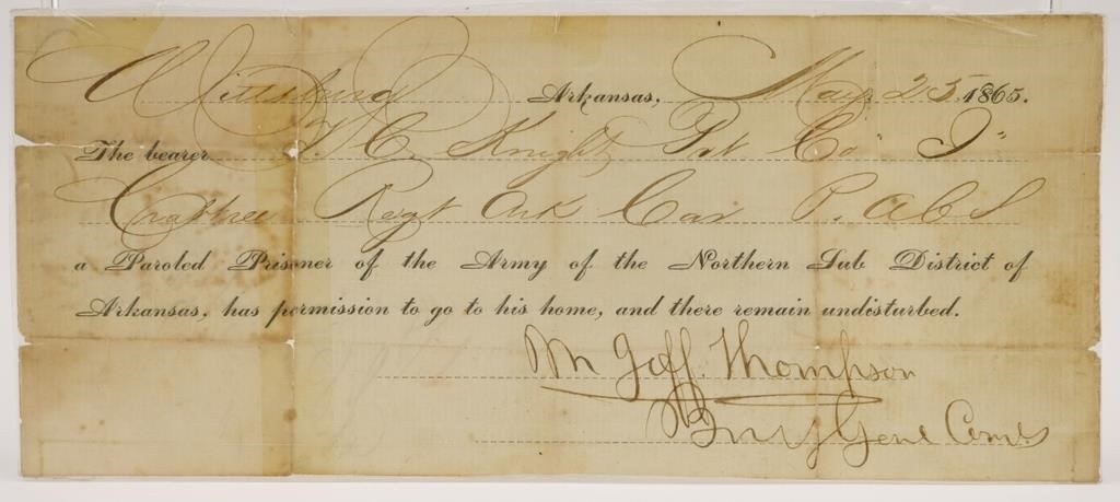 1865 Civil War Arkansas Prisoner Discharge Paper