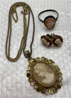 Silver Cameo pendant necklace/ ring/ earrings