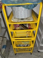 YELLOW ROLLING STORAGE RACK WITH CRAFTING SUPPLIES