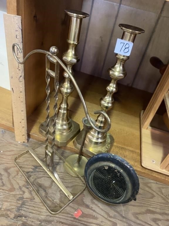 Brass, candlesticks, flower frog, etc.