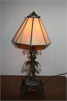 Vtg. Marble Base Lamp w/Prisms & Slag Glass Shade