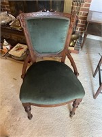 Green velvet Victorian carved chair square back