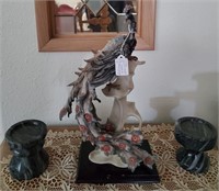 Signed "Rick H." Peacock Statue & 2 Marble Stands