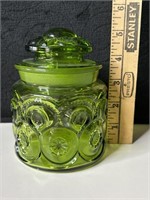 LE Smith Green Glass 5" Canister Moon & Stars