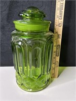 LE Smith Green Glass 11" Canister Moon & Stars