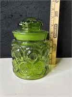 LE Smith Green Glass 7" Canister Moon & Stars