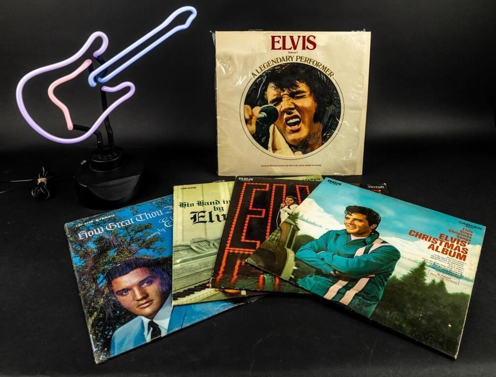 Lot Of 5 Vintage Elvis Albums & Neon Guitar Sign