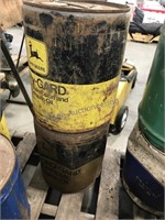 2, 5-gallon John Deere cans, rusted bottoms, dent