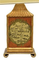 CHINESE RED & GOLD GILT LAMP WITH FIGURAL SCENES