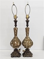 PAIR OF BRASS & GLASS LAMPS - WORKING - 34" TALL