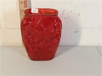 1930's Phoenix glass ruby red vase with Katydids
