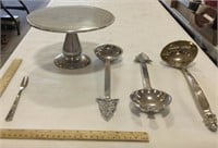 Kitchen lot w/ silver cake platter & utensils