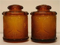 Pair of Amber Glass Lidded Jars