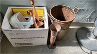 2 METAL VASES & BOX OF MISC CANDLE ITEMS