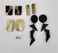 Four Pairs Pierced Black and/or Gold tone Earrings