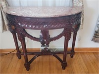 HALL TABLE W/MARBLE TYPE TOP /ORINATE WOOD