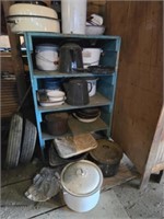 Estate lot of enamel cookware and shelf