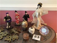 Oriental dolls (4), vase, plate, and decorative