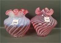 Two Vintage Fenton Cranberry Opal Swirl Vases