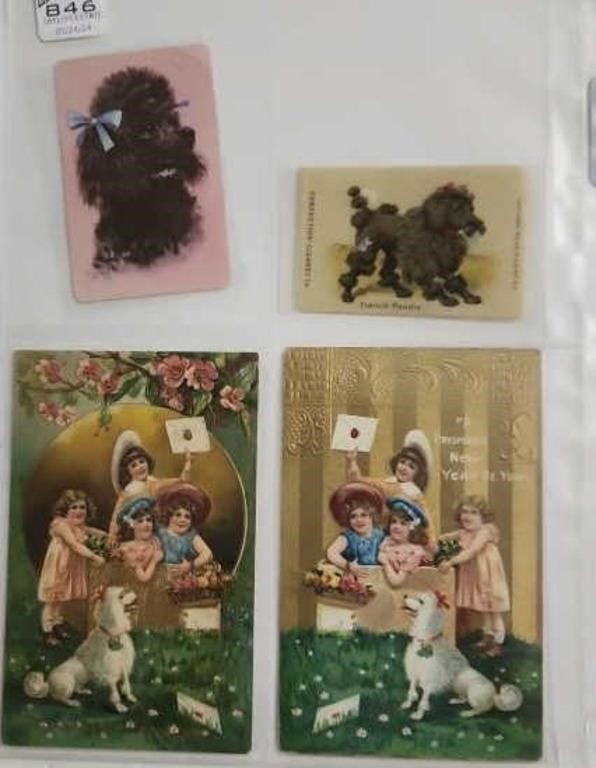 FOUR antique Poodle cards, trade card, playing