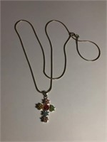 925 STERLING SILVER NECKLACE CHAIN w COLORFUL CROS