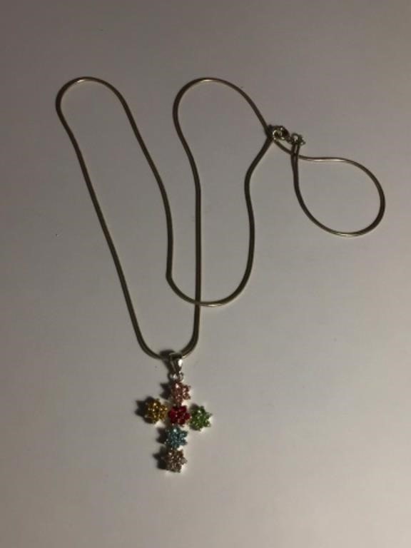 925 STERLING SILVER NECKLACE CHAIN w COLORFUL CROS