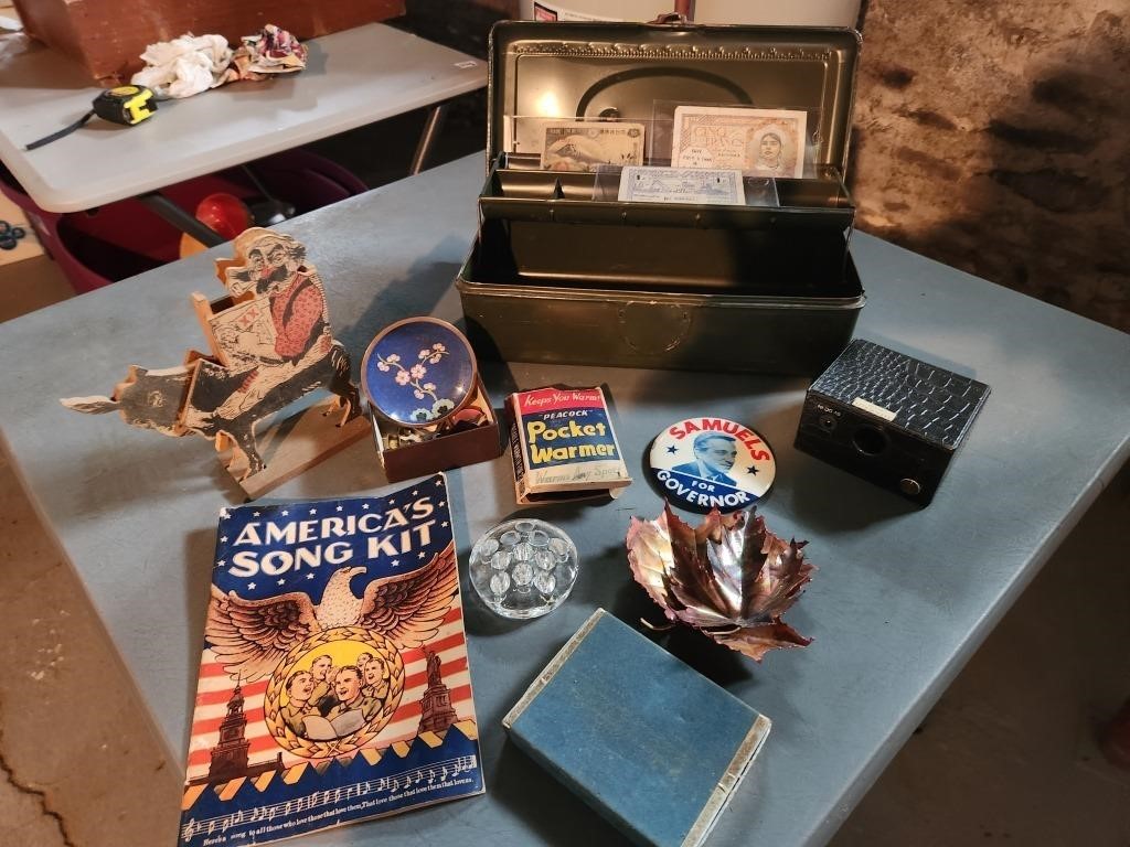 Collectibles.  Assortment.  Cash box. Cards.