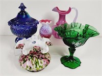 Fenton Glass: Candy Dish, Ruffle Vase, Compote