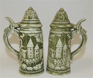 Tall Scenic Green Glazed Beer Steins