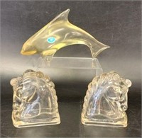 Clear Glass Horse Bookends & Art Glass Dolphin