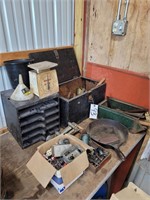 TOOLS/ CAST IRON PAN & WOOD BOX