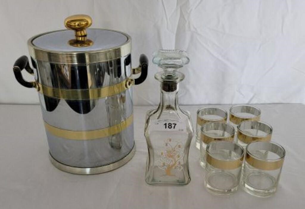 CIRCA 1960'S DECANTER, ICE BUCKET, ROCKS GLASSES