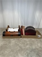 Vintage records, wood doll bed and vintage wooden