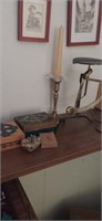 Candle stick holder, scale, trinket boxes and