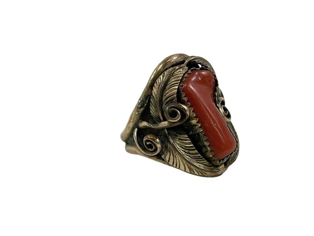 Signed Native American 12K GF Red Coral Ring