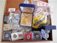Box of various Police badges, pins