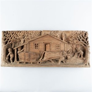 RELIEF CARVING OF A SUGAR SHACK SCENE