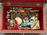 ANTIQUE WOOD JEWELRY BOX FULL JEWELRY, COINS, ETC