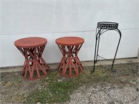 Red patio side tables with plant stand