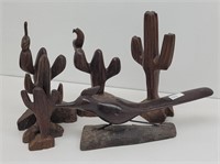 Ironwood Cactus's and Roadrunner Carving Figurines