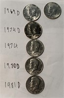 (6) Kennedy Half Dollars Assorted Mints & Dates