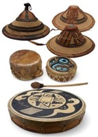 Lot of 3 Handmade Drums and 3 Fulani Hats.