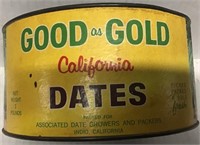 ANTIQUE GOOD GOLD DATES METAL CAN