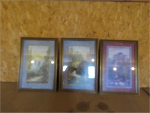 3 FRAMED PICTURES - WATERFALL, HOUSE, MILL